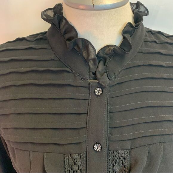 Diane Gilman Black long sleeve ruffle blouse Sz M - Picture 3 of 8